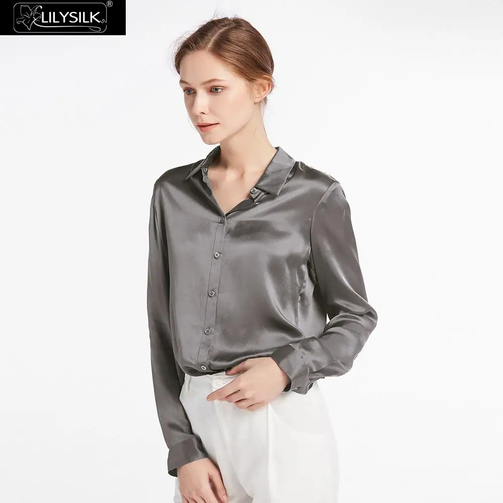 Dark Gray LilySilk Рубашки Блузка Топ футболка 22 мм шелк Новинки - Цвет: Dark Gray