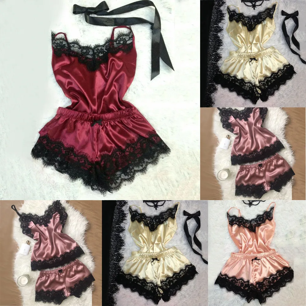 Пижама женская атласная с V-образным вырезом и шортами | Женская одежда