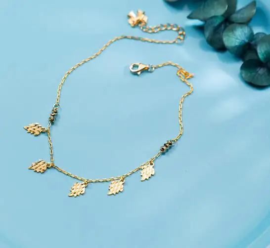 

Женская 100% реальная. Женские серебряные ювелирные украшения, браслет на ногу с золотыми листьями, желтый позолоченный браслет GTLS578-