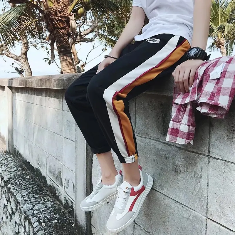 2018 Spring New Arrivals Men Fashion Loose Hit Color Black/khaki Casual Pants Elastic Waist Bound Feet Side Stripe Trousers Tide | Мужская
