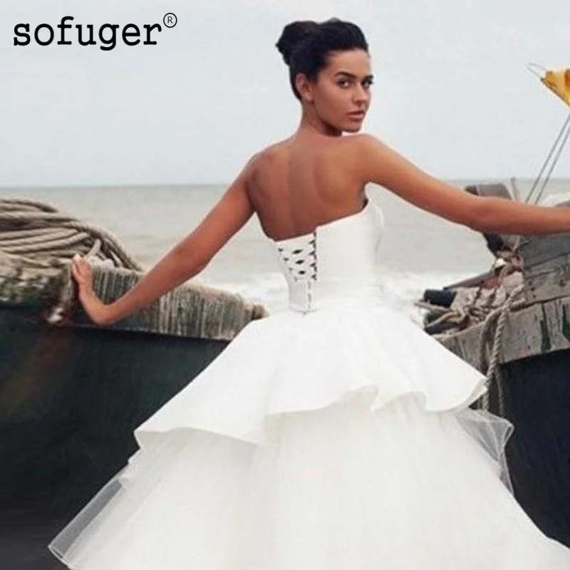

Stunning Tulle and Satin Tiered Wedding Bridal Tulle Dress Sweetheart Strapless Lace Up Back Vestidos de Noivas Court Train