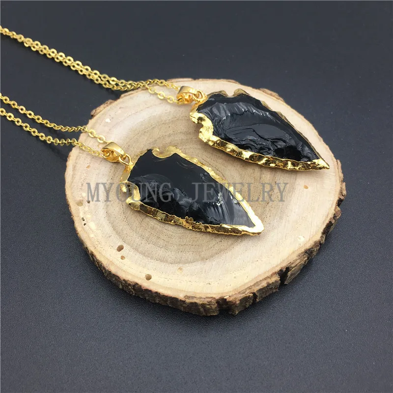 

MY0843 Arrow Black Obsidian Pendant Necklace ,Gold Cladding Arrowhead Gems Stone Necklace With Gold Chain kolye