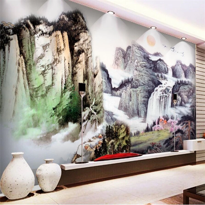 

beibehang Huge Chinese painting TV sofa wall custom large mural green wallpaper papel de parede para quarto