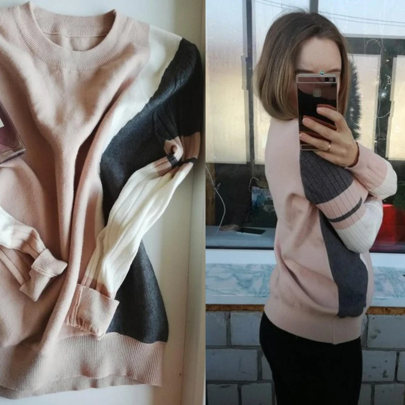 GIGOGOU Autumn Winter Sweater Women Contrast Color Pullover Jumper Long Sleeve O-Neck Knitted Tops Outwear Pull Femme | Женская одежда