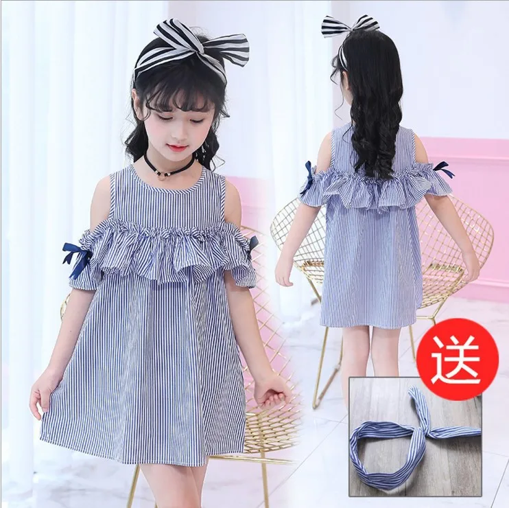 Summer Teen Girls Clothes Blue Stripe Dress for Kids Ruffles Dress+Headband Children New Cotton Wear 1-12Y | Детская одежда и