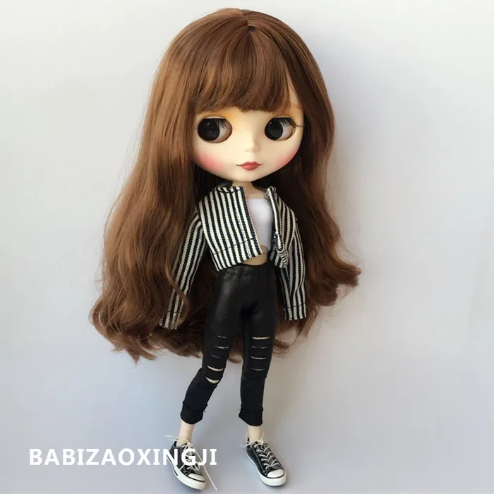 1/6 модная одежда blyth doll, Полосатое пальто из искусственной кожи+ белая накидка на грудь+ блестящие штаны, костюм для blyth 30 см, аксессуары для кукол