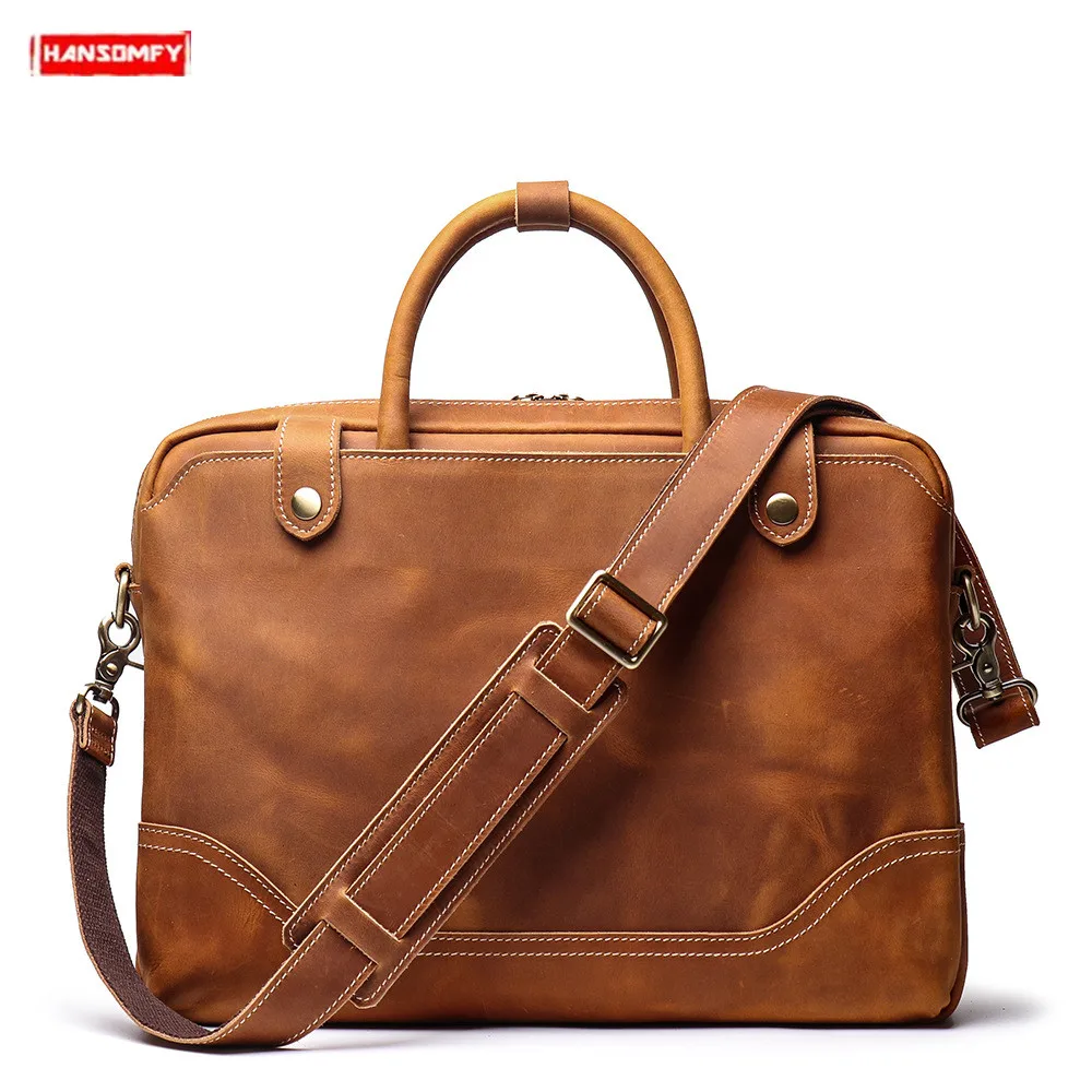 New Men's Portable Briefcase Shoulder Diagonal Bag Business 15.6-inch Computer Bag Brown Leather Briefcases First Layer Leather