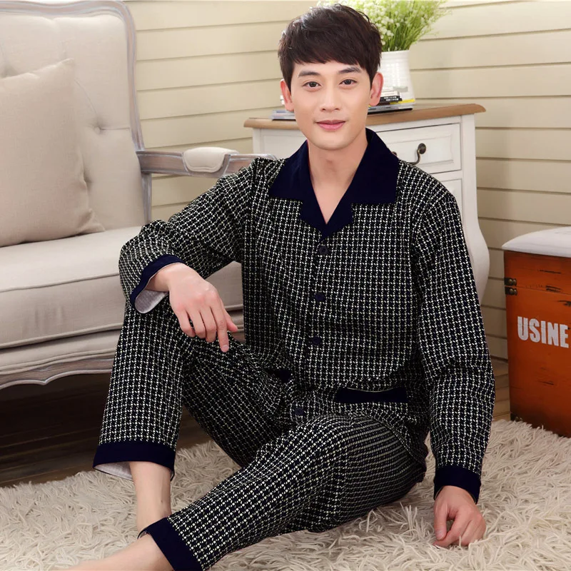 2016 Осенние мужские пижамы трикотажные хлопковые пижамные комплекты с длинным