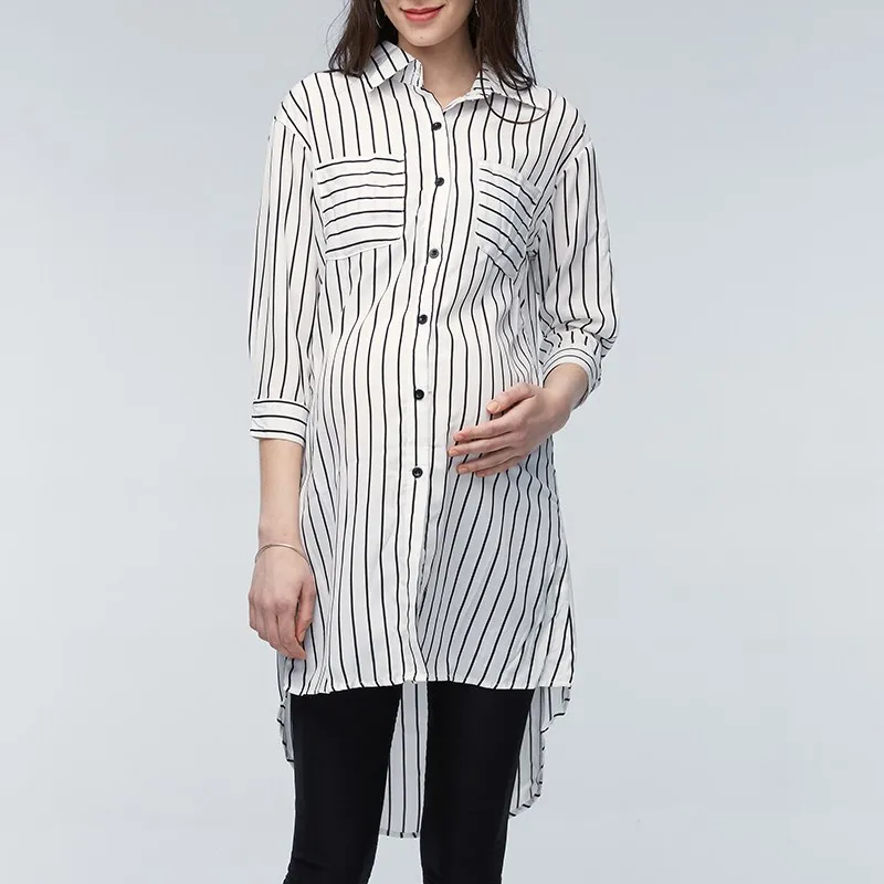 Maternity wear pregnant women tops pregnant women lapel 3/4 sleeve casual loose striped shirt XL oversized personality