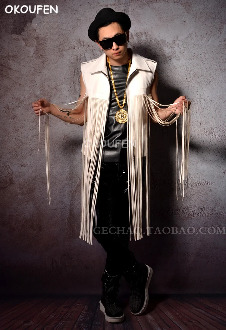 

Personality White Man Long Tassel PU Leather Vest Cool motocycle Show dance Vest nightclub bar singer DJ performance costume