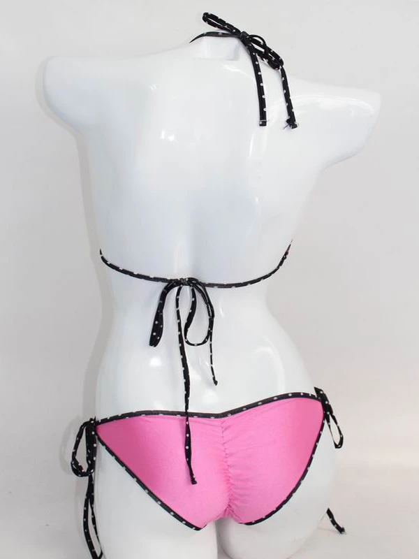 String Swimsuit Pink with Black Mini Dots Trim bikini swimsuit |