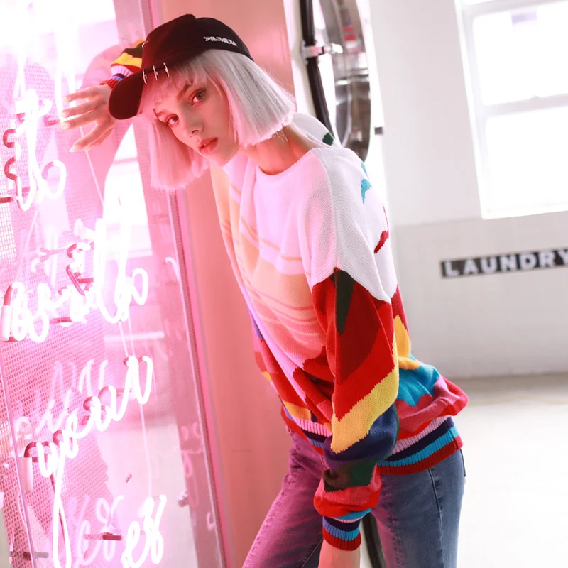 Women New vintage warm sweaters Rainbow Striped pullovers winter Spring knitted retro loose tops blusas C-078 | Женская одежда