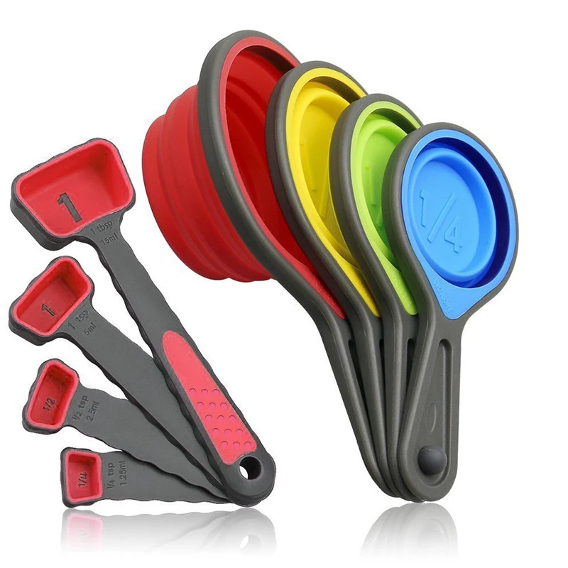 8pcs set red 4/8 шт. силиконовая складная мерные ложки набор для выпекания хлебобулочных изделий муки мерные чашки Кофе Чай ложки для сахара дома Кухня Пособия по кулинарии инструменты - Цвет: 8pcs set red