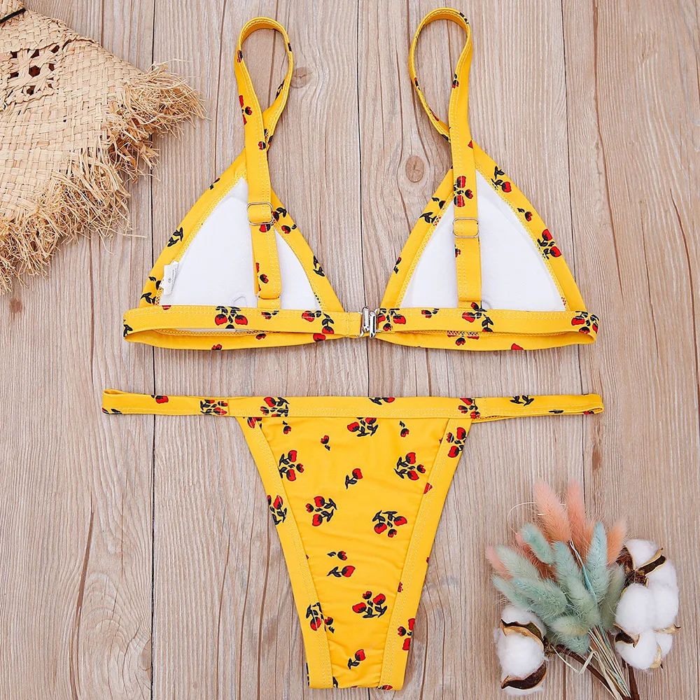 Желтый Цветочный комплект бикини пуш ап ванный микро Maillot De Bain купальник 2018 лето