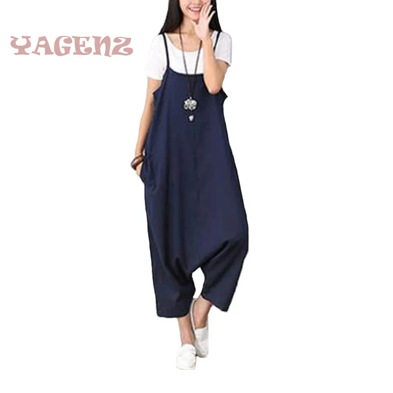 Женский свободный комбинезон на бретелях спагетти темно синий повседневный из