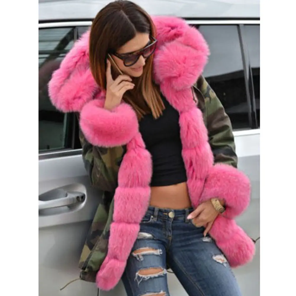 Camouflage-Pink Новинка, Женская осенне-зимняя длинная теплая Толстая парка, куртка из искусственного меха, пальто с капюшоном, Дамское зимнее шерстяное пальто, хлопковая одежда - Цвет: Camouflage-Pink