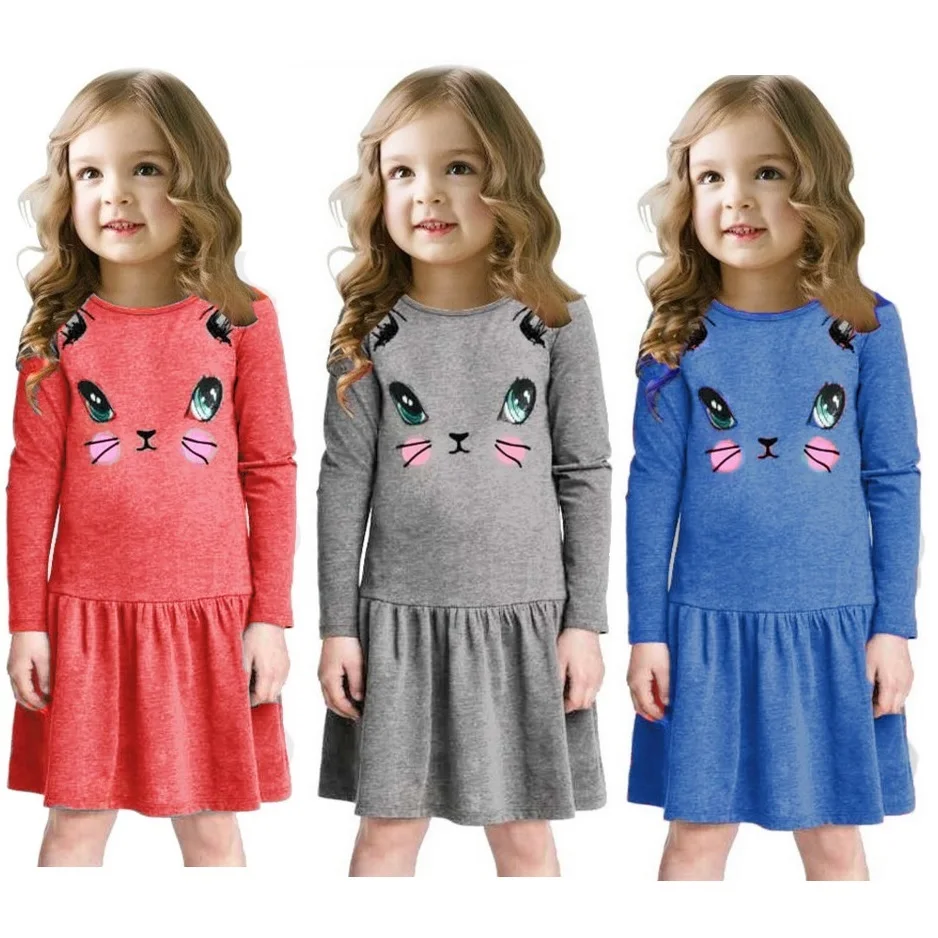 Cat Girls Dress Long Sleeve Girls' Jumpers Blouses t shirt Children Clothes Girl Dresses Cotton Princess | Детская одежда и