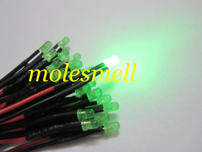Free shipping 1000pcs 12v diffused green LED Lamp Light Set Pre-Wired 3mm 12V DC Wired