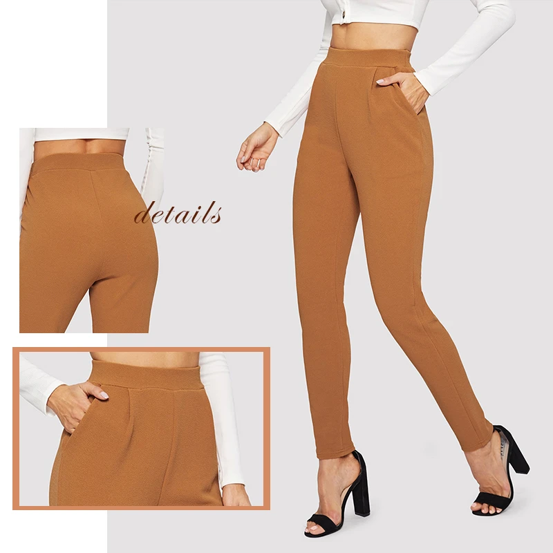 Sheinside, коричневые, с карманом, с заплатками, на ножках, текстурированные штаны, средняя талия, стильные брюки, женские,, с эластичной талией, длинные штаны и капри