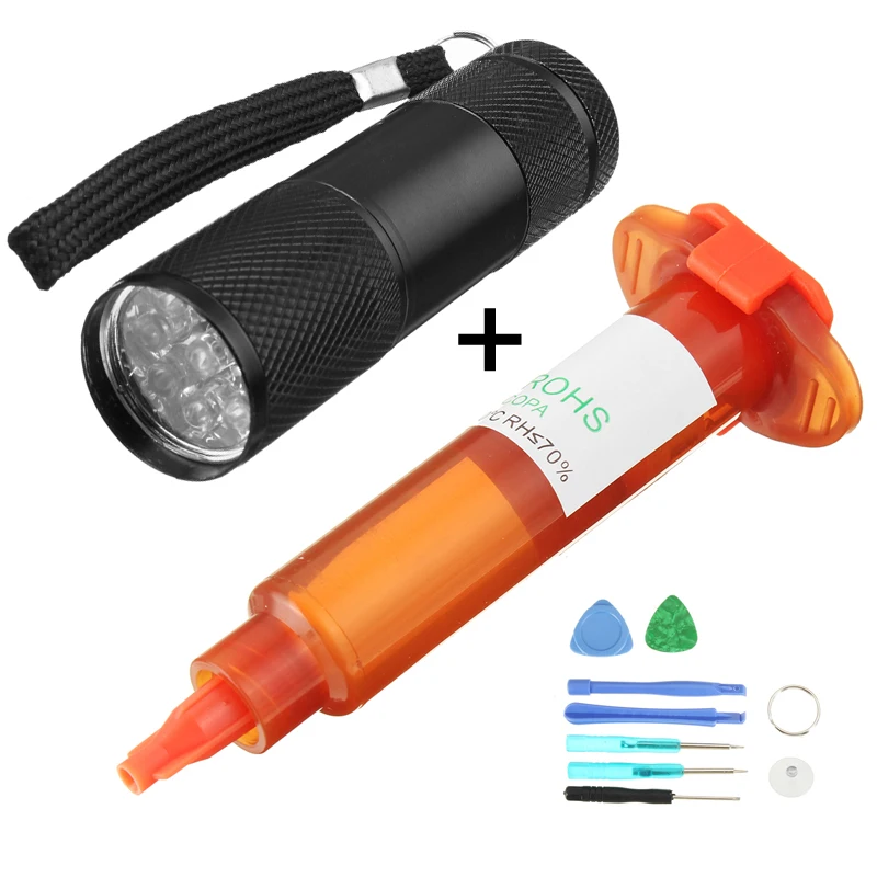 UV light and Glue 1 комплект 5 г УФ(LOCA) клей+ Внешний ЖК-экран стекло Замена Ремонт Инструменты комплект+ УФ светодиодный светильник фонарь носитель инструмент для ремонта мобильных телефонов Набор - Цвет: UV light and Glue
