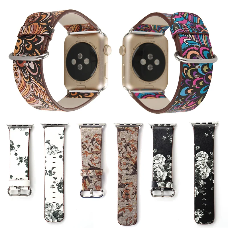 FOHUAS, Национальный стиль, цветочный принт, кожаный ремешок для часов Apple Watch, цветочный дизайн, наручные часы, браслет для iwatch 38 мм