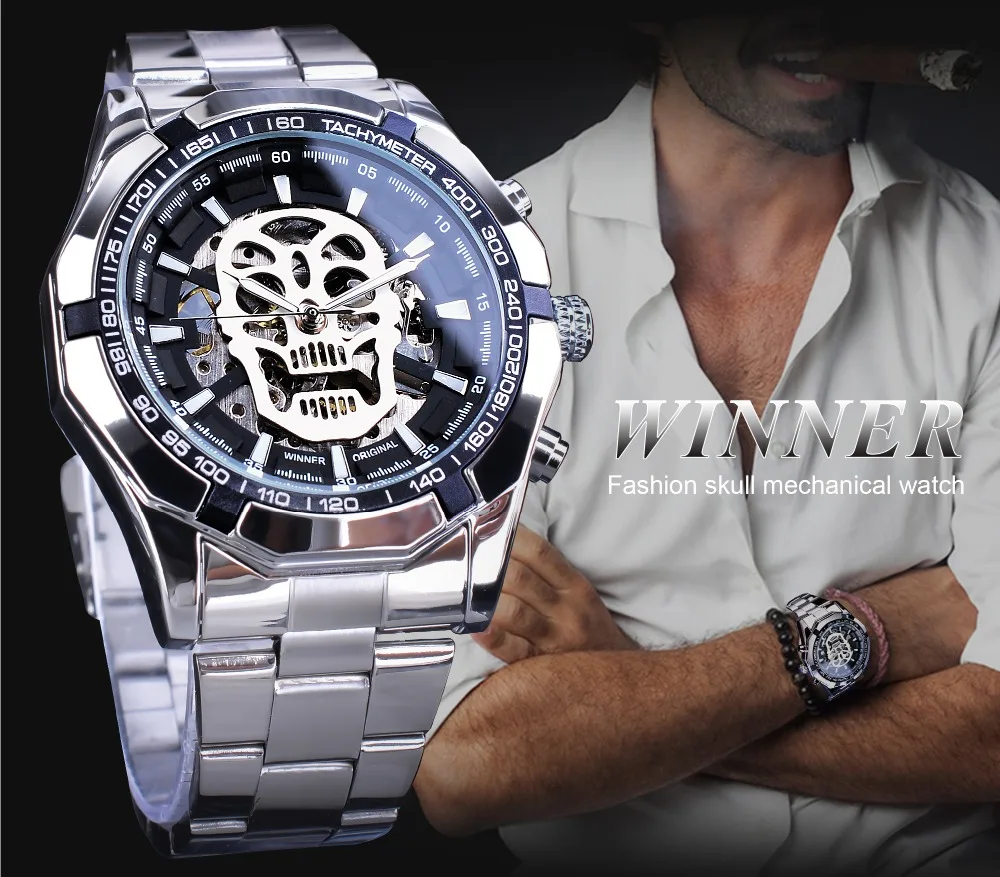 Winner Black Silver Clock Steampunk Skull Design Luminous Hands Automatic Transparent Watches for Men Top Brand Luxury