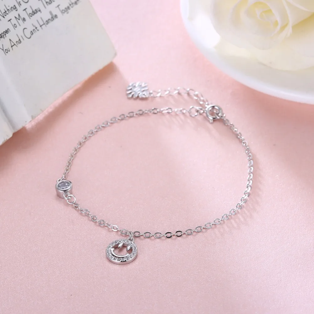 S925 Sterling Silver DIY Smile face Pandent Geometric Round Inlaid Meteorite Chain Charm Bracelet Gift For Women Couple | Украшения и