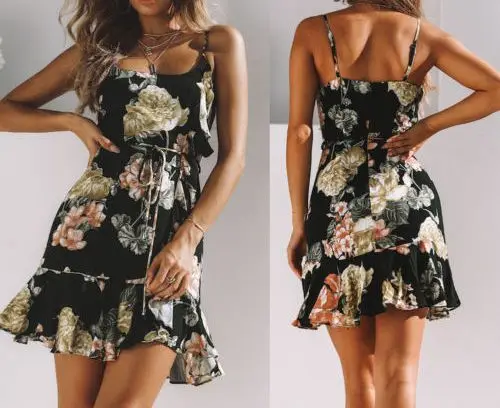 

Fashion Style Women Summer Sleeveless Casual Dress Spaghetti Floral Beach Short Strap Chiffon Dresses