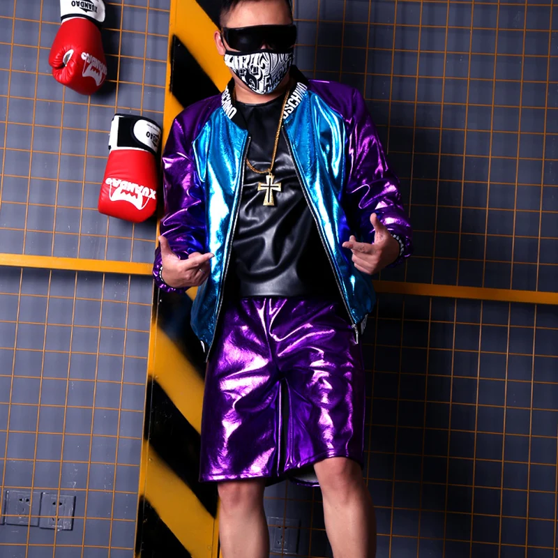 

Male Fashion Casual Streetwear Coat Stage Clothes Custom Made Costumes Men Hip Hop Blue Purple Splice PU Leather Jacket