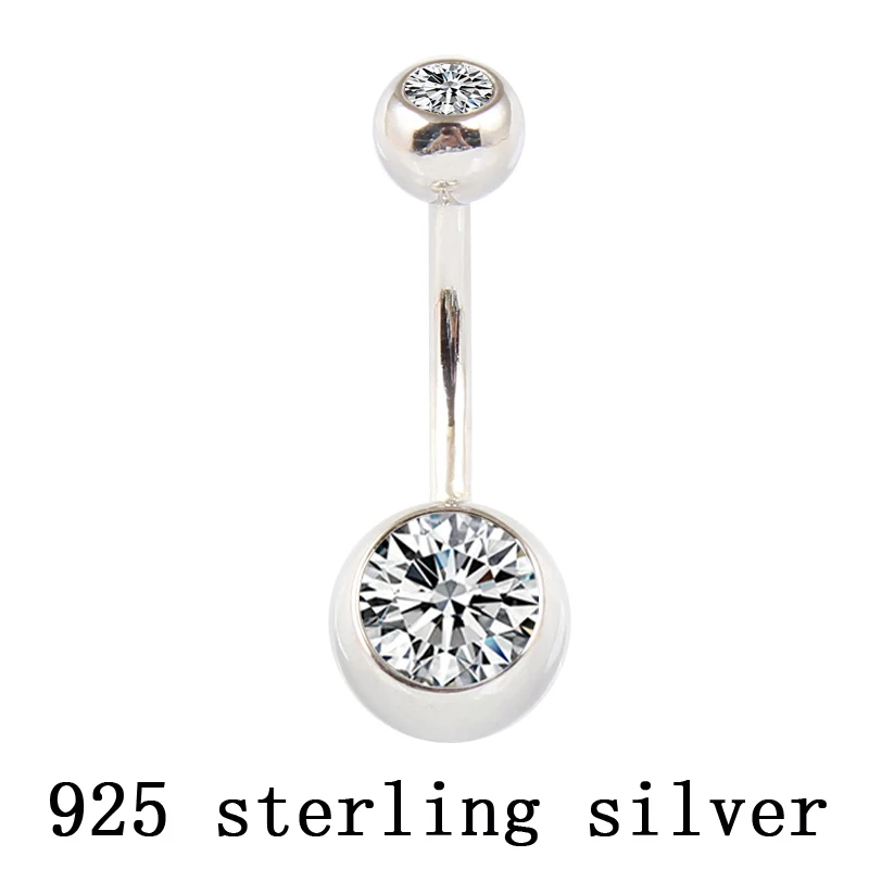 Real 925 sterling silver belly button ring clear double zircon stones body jewelry ball navel bar piercing jewelry free shipping