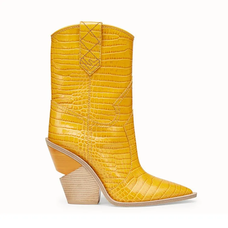 

2019 new fashion embossed Pu leather women booties pointed toe cowboy boots women mid-calf wedges high heels runway boots