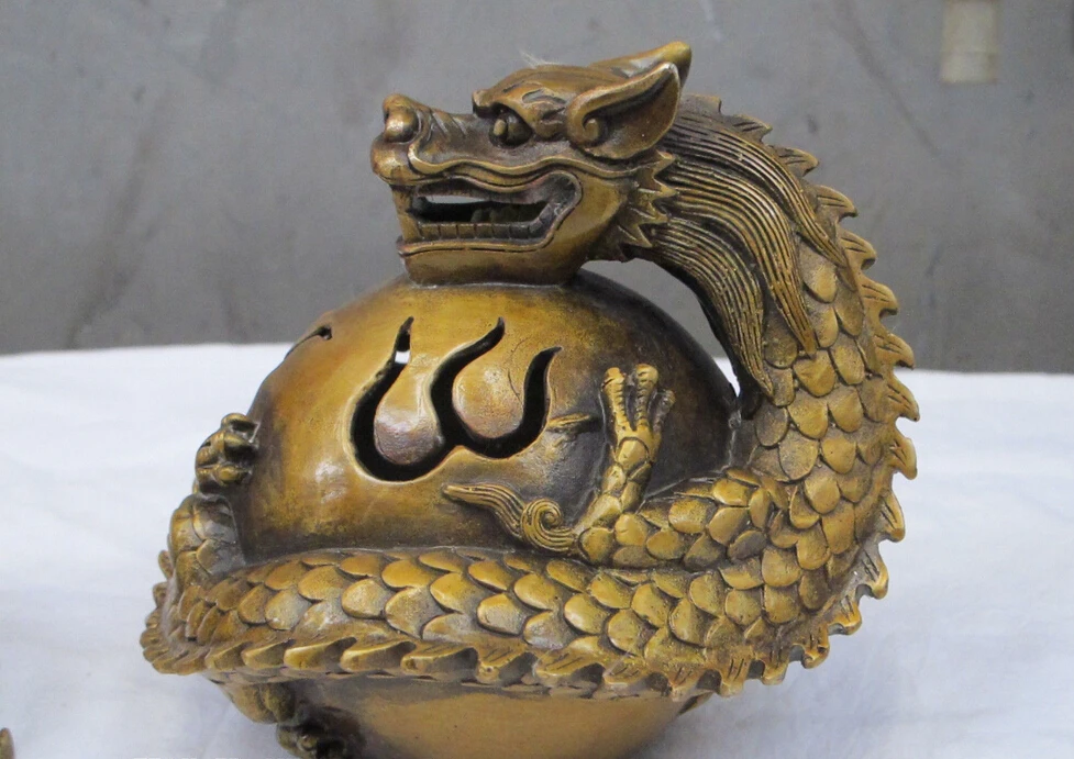 9&quotChinese Feng shui Bronze gilt Coiled dragon Seal of Fire ball incense burner | Дом и сад
