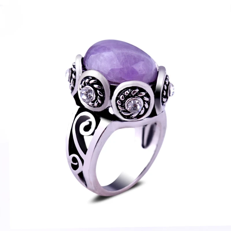 Purple Amethyst Природный аметист, серебро, кольцо для женщин, античный, овальный, Фиолетовый кварц, установка, кристалл, цветок, дизайн, Винтаж, мужские кольца на палец - Цвет камня: Purple Amethyst