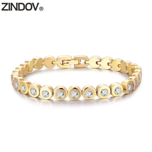 Gold Color ZINDOV браслет из розового золота браслет для Для женщин кубического циркония Мода ювелирные изделия браслет Нержавеющая сталь Теннисный браслет золотого цвета Женская 17 19 см - Окраска металла: Gold Color