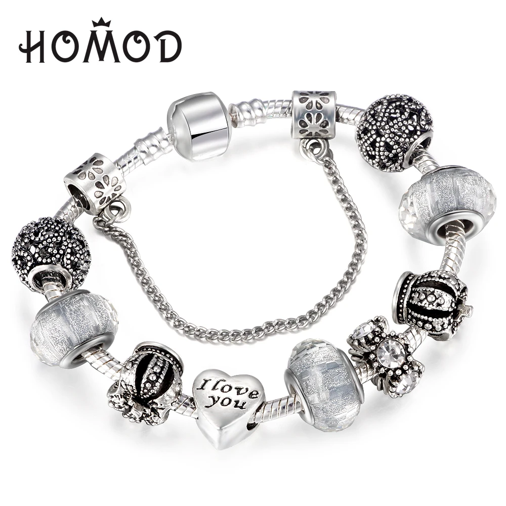 

HOMOD Queen Crown Silver Color Charm Bracelet & Bangles With White Murano Beads Fits Brand Bracelet for Women Diy Jewelry