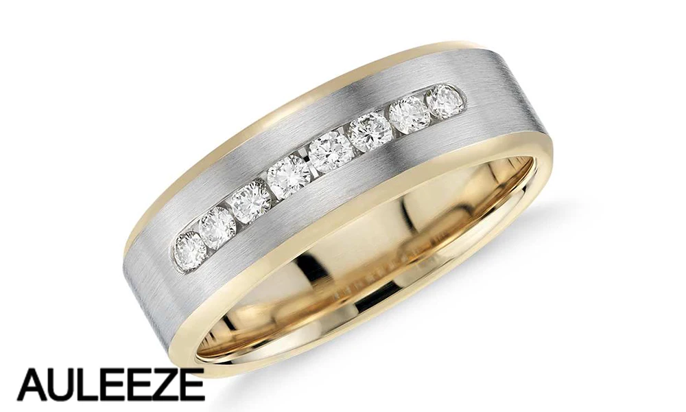Двухцветные 14 K золотые обручальные Обручальные кольца Channel набор Moissanite искусственный бриллиант кольцо 585 желтые и белые золотые кольца для мужчин