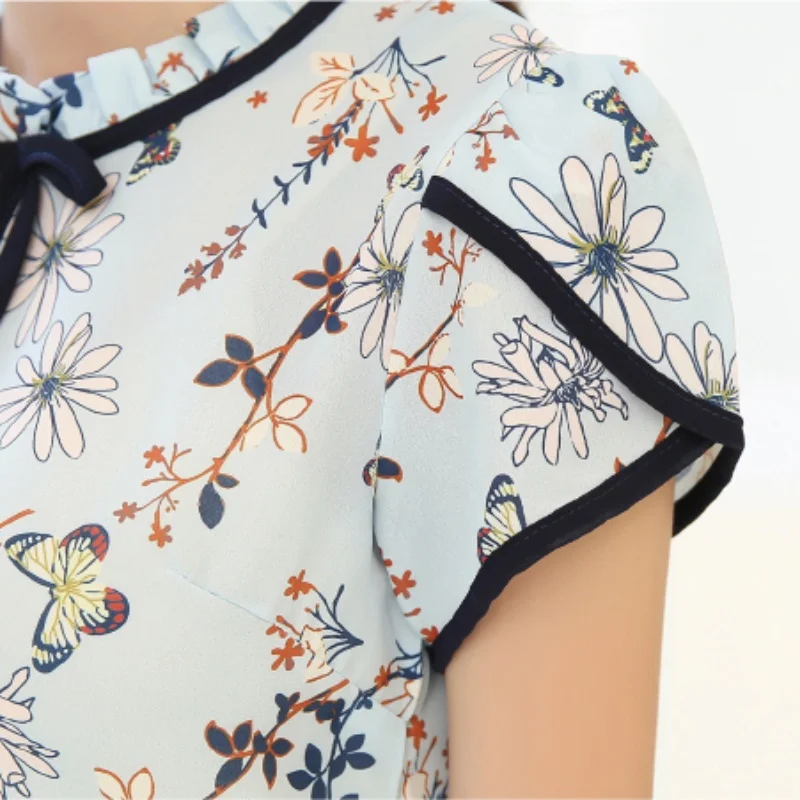 Женская шифоновая рубашка с коротким рукавом плиссированная цветочным принтом