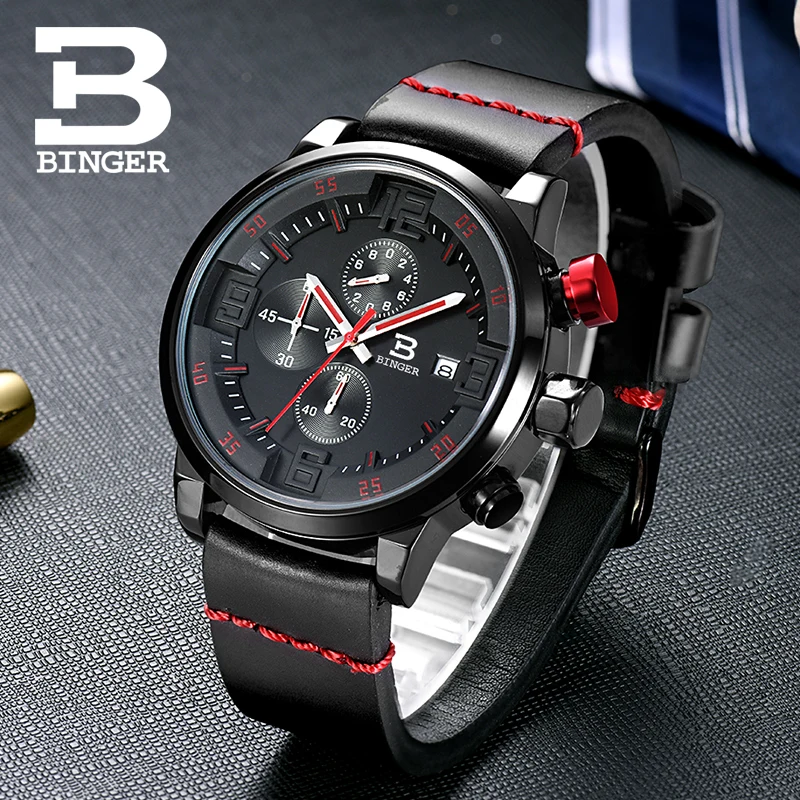Мужские кварцевые часы бингера из натуральной стали с кожаным ремешком