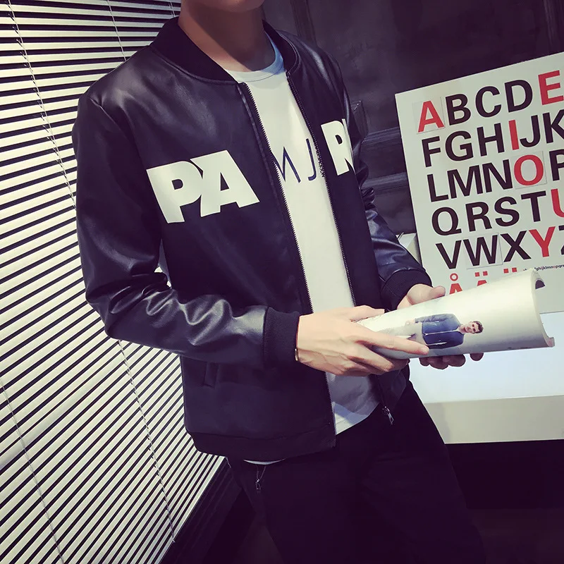 Мужская куртка в стиле хип хоп светло Коричневая Кожаная байкерском с надписью