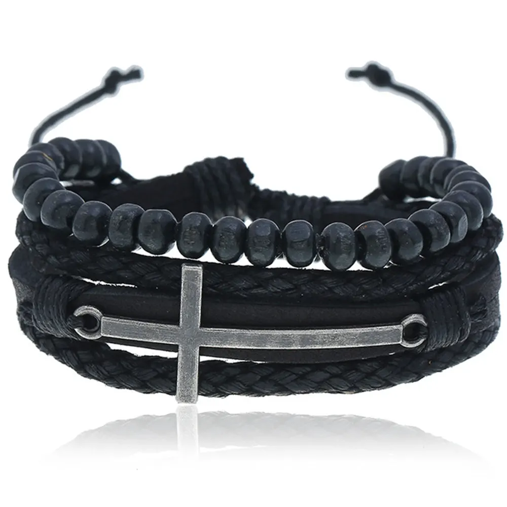 Многослойные винтажные плетеные браслеты ручной работы в стиле панк с черными
