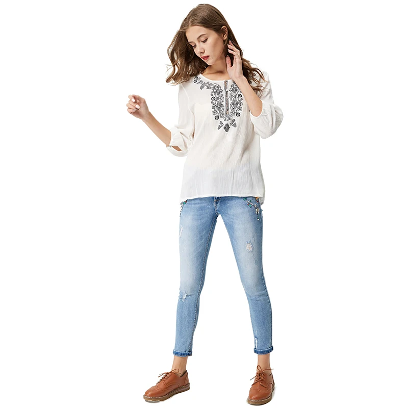 Женская белая блузка с вышивкой GLO-STORY шифоновые рубашки длинным рукавом 2018