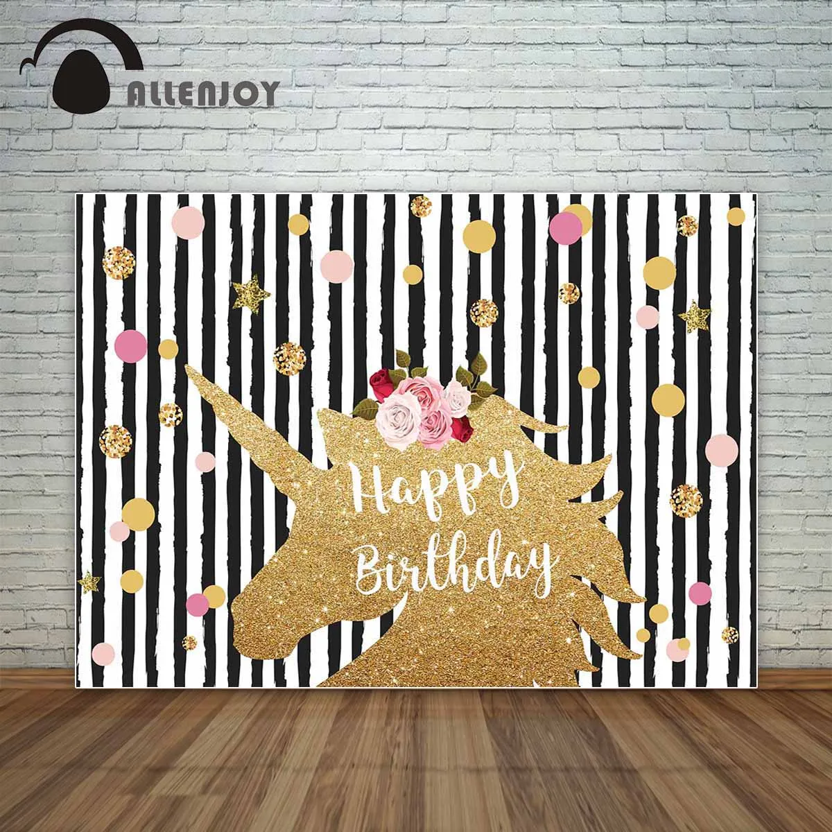 Allenjoy Золотой блестящий Единорог в черно-белую полоску с блестящими звездами день