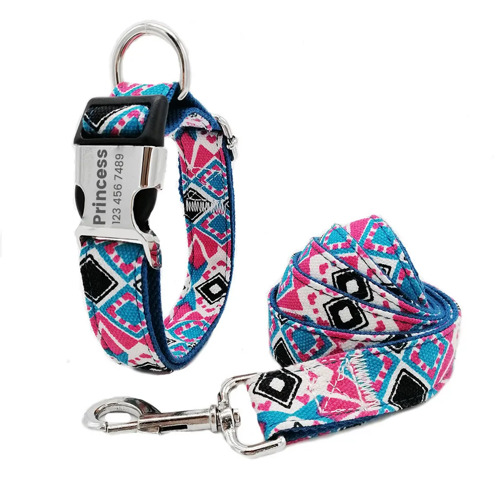 Ошейник и поводок для собак нейлоновый с гравировкой имени телефона прогулок