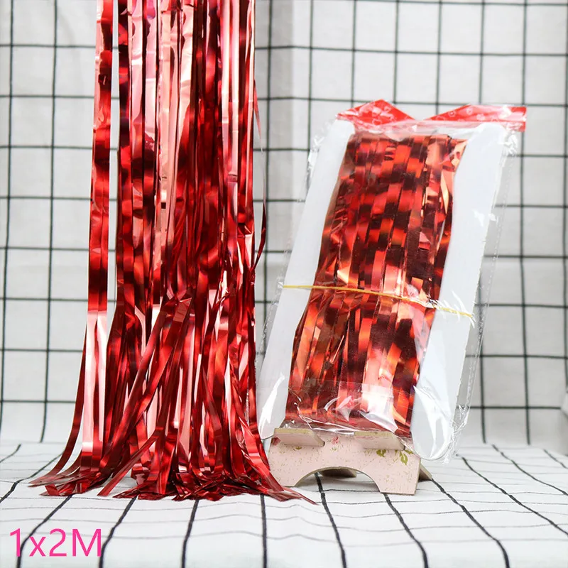1x2m red 2M 3M Gold Silver Metallic Foil Tinsel Fringe Curtain Birthday Party Decoration Wedding Photography Backdrop Curtain Photo Props - Цвет: 1x2m red
