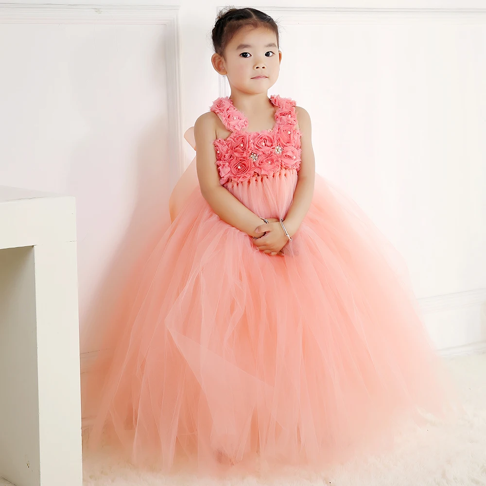 Peach Color Children Girls Flower Tutu Dress Princess Tulle Girl Dresses Kids Party Pageant Wedding Ball Gown | Детская одежда и