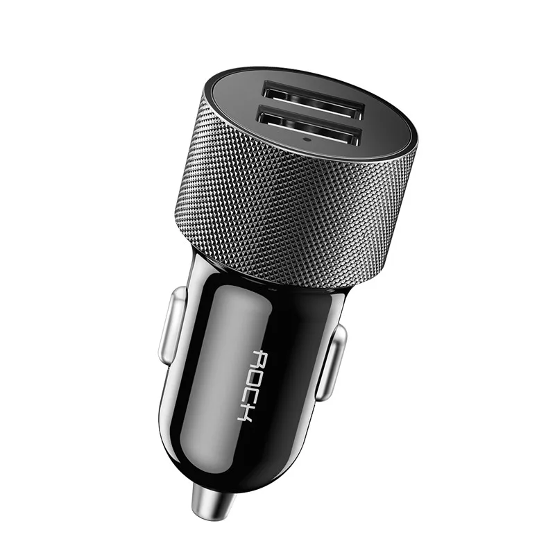 Black Автомобильное мини-зарядное устройство ROCK 5 в 2,4 А с двумя usb-портами для быстрой зарядки, металлическое автомобильное зарядное устройство, 2 порта, 12 Вт для iPhone XS MAX X 8 7 6 samsung - Тип штекера: Black