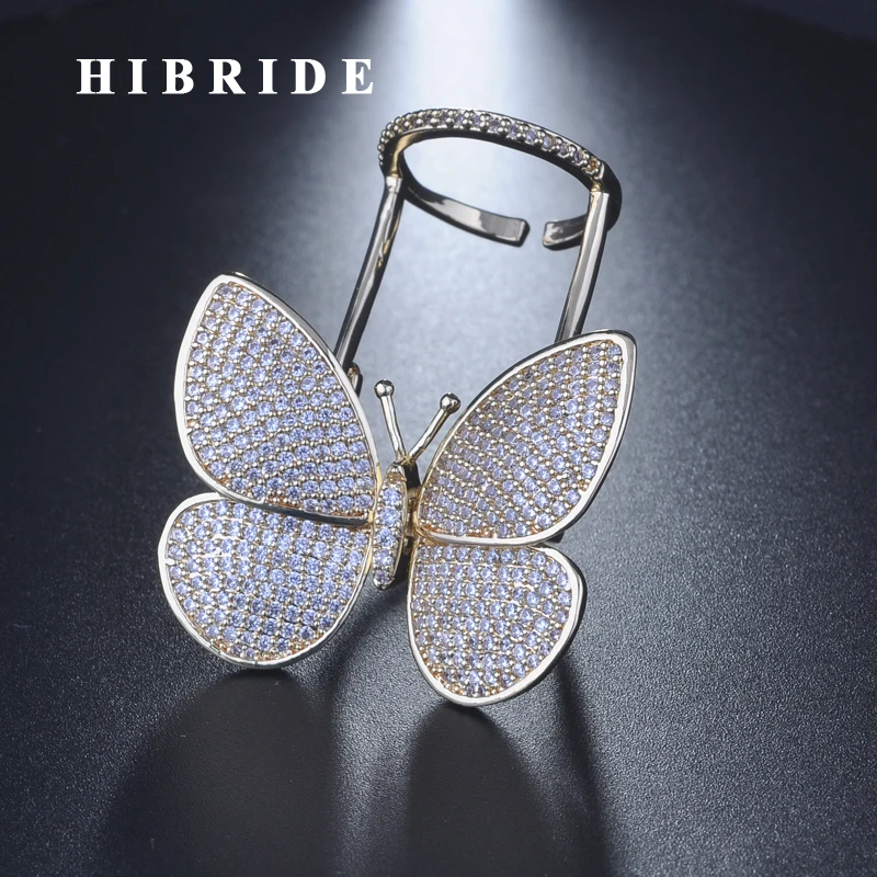 

HIBRIDE New Hot Sale Sparkling Butterfly Rings For Women Gold Color Open Adjustable Ring Luxury Jewelry R-249