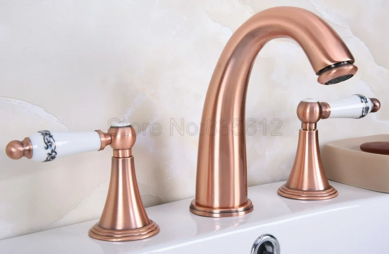 

Antique Red Copper Bathroom Basin 3 Hole Faucet Widespread Deck Mounted Sink Mixer Taps Dual Handle Wrg070