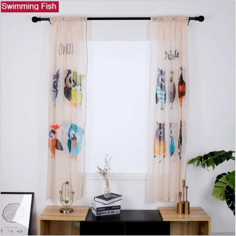 1pair window screening voile short door curtain print owl pattern curtains for kid's living room | Дом и сад