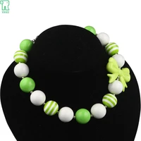 1pc little girl chunky necklace white green kids acrylic solid beads bubblegum beaded necklace with green bow